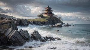 Fotorealistic close-up of a yellow ornated pagoda having grey roofs that stands on the shore of a cold sea in the far north, dominated by a huge gray rock, even the sky is gray and cloudy. Raw photo, highly detailed,japanese art