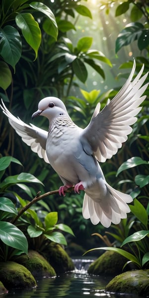 close up angle of, , ((),(3d dove bird in md air)) surrounded by jungle( waters), bird, detailed focus, deep bokeh, beautiful, , bight vib background. Visually delightful,