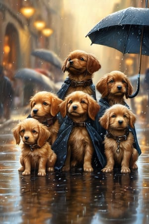 Hyper-detailed  painting, Jean-Baptiste Monge style, a gang of cute little puppies gathered in the rain  under an single black long raincoat, splash, glittering, cute and adorable, filigree, lights, fluffy, magic, surreal, fantasy, digital art, ultra hd, hyper-realistic illustration, vivid colors,  UHD, cinematic perfect light,greg rutkowski