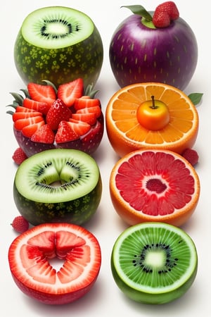 best quality,masterpiece, (made of 4 cut fruit and vegetable),white background