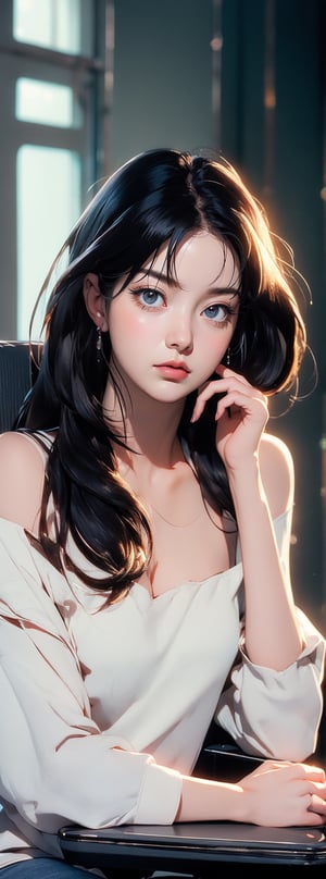 A beautiful Korean girl, wearing a white shirt, one shoulder, sitting on an office chair, holding her cheek with one hand, black super long hair, clear hair, tired expression, looking at the camera lazily, super wide angle, backlight, Light and dark effects, realistic style,