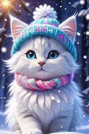 The cutest fluffy fantasy Disney Cats, wear colorful fluffy warm clothes and pale knitted hat background, it is snowing gently in moonlight reflections in the winter forest, swirls of snowflake particles fantasy snow, 8k