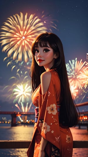 one young woman, gorgeous, printed kimono, red lips, sam yang, best quality, masterpiece, eye_lashes, SAM YANG, looking at viewer, bangs, night city, eye_shadow, (straight hair), upper_body, japan, fireworks, small smile, breasts, from below, shoulders