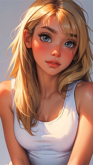 1 woman, white tank top, upper body, simple background, medium breasts, blushing, sam yang, highest quality, masterpiece, (looking at viewer), arms along the body, blond hair, bangs