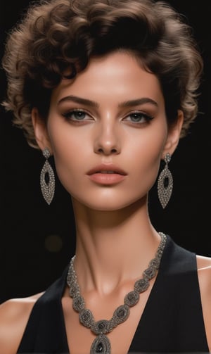 high resolution full body fashion photograph by Alasdair McLellan, a hot slender italian model, smokey eyes, glossy lips, with curly short hair, ethnic jewelry, posing on a Fashion show , inspired by Haider Ackermann,photorealistic,<lora:659095807385103906:1.0>