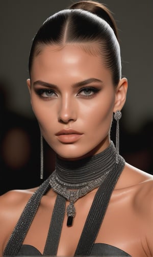 high resolution full body fashion photograph by Alasdair McLellan, a hot fit italian model, smokey eyes, glossy lips, with ponytail hair, ethnic jewelry, posing on a Fashion show , inspired by Haider Ackermann,<lora:659095807385103906:1.0>