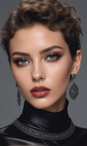 high resolution full body fashion photograph by Alasdair McLellan, a hot slender italian model, smokey eyes, glossy lips, with curly short hair, ethnic jewelry, posing on a Fashion show , inspired by Haider Ackermann,photorealistic,<lora:659095807385103906:1.0>