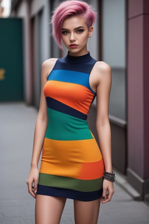 tight cotton minidress a young girl poses, in the style of multicolor, unapologetic grit, honeycore, wrapped, street-inspired, punk.,<lora:659095807385103906:1.0>