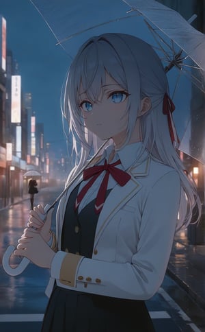 best quality, (masterpiece), high_res, 8K, gradient, lighting. white hair, blue eyes, white shirt, red neck ribbon, white blazer, black skirt with white stripe at below, it drizzling, holding umbrella, at the street, the city as a background, alya_imoto