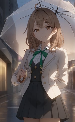 best quality, (masterpiece), high_res, 8K, gradient, lighting. brown hair, brown eyes, white shirt, green neck ribbon, white blazer, black skirt with white stripe at below, it drizzling, holding umbrella, at the street, the city as a background, masha_ane, smilling