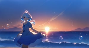 Best quality (Masterpiece), 8k, Ultra High Resolution, shadows, Focus, Blur effect, gradient, Sharp, furina \(genshin impact\), Furina in a summer dress, beautiful ocean sceneric, blue bubble flow from ocean, sunset, sparkle on ocean.