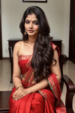 hot 40 year lady in red saree, long hair,  sitting on the chair, looking extremly hot