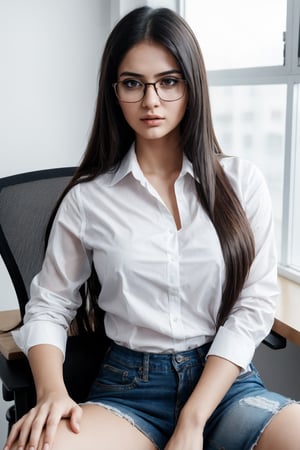 hot girl, wearing white shirt, long hairs, hot bold look, sitting on chair at office, wearing spects, super realistic