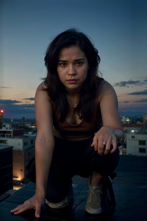 cinematic still of a woman crouching on a rooftop at dusk, high angle shot, warm desaturated tones with heavy shadows, intense focus on the character's determined expression, action thriller style, shot on an Arri Alexa, 8K.
