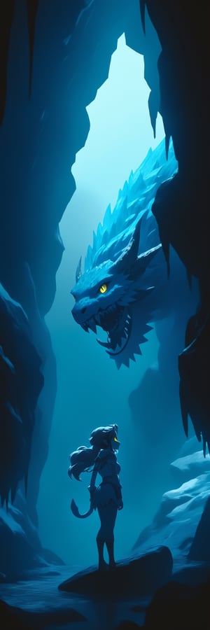 BEST QUALITY, HIGHRES, ABSURDRES, 
MASTERPIECE, SUPER DETAIL, INTRICATE_DETAILS, 
PERFECTEYES, AESTHETIC, 
SCORE_9, SCORE_8_UP, SCORE_7_UP, SCORE_6_UP,

standing in a glacial cave, niji style, monster girl, glacial monster girl, blue skin, yellow eyes, side view, skin tight, 