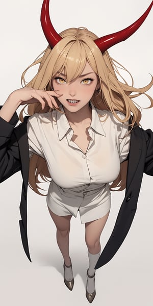 (best quality), (masterpiece), (solo), 1girl, full body in picture, anime-like style, power_csm, blonde hair, yellow eyes, cross-shaped pupils, symbol-shaped pupils, red horns, sharp teeth, smug, white buttoned shirt, black necktie
