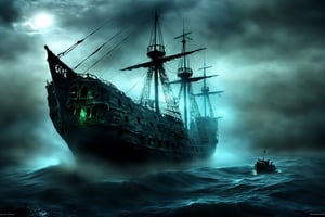 The barco fantasma, a phantom ship that has haunted the seas for centuries, materializes before you in a burst of spectral energy. Its ethereal appearance and eerie aura make it a sight to behold, but beware - for those who dare to board may never return.,more detail XL,LegendDarkFantasy,DonMn1ghtm4reXL,greg rutkowski