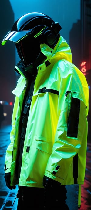 robert t , techno style , streetwear coat, full helmet, night, neon, rain, blade runner , 1990s