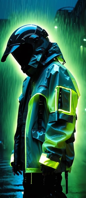 robert t , techno style , streetwear coat, full helmet, night, neon, rain, blade runner , 1990s