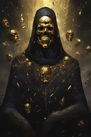 A man with a golden skull instead of a head, in black clothes, dark fantasy  Dan Mumford,shards,LegendDarkFantasy