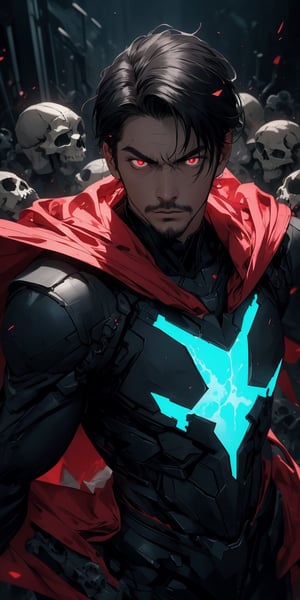 Superman standing, ((surrounded by skulls and death)), (red cape), facial_hair, red eyes, glowing eyes, (hair over eyes), black hair, pale_skin:1.3, masterpiece, ultra detailed image, a perfect image unfolds with 8k resolution, professional, HDR, high resolution, best illumination, extremely detailed, ray tracing, realistic lighting effects, ((dark colors)), (sad colors), neon noir illustration, solo_focus.