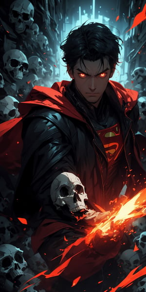 Superman standing, ((surrounded by skulls and death)), (red cape), facial_hair, red eyes, glowing eyes, (hair over eyes), black hair, pale_skin:1.3, masterpiece, ultra detailed image, a perfect image unfolds with 8k resolution, professional, HDR, high resolution, best illumination, extremely detailed, ray tracing, realistic lighting effects, ((dark colors)), (sad colors), neon noir illustration, solo_focus.
