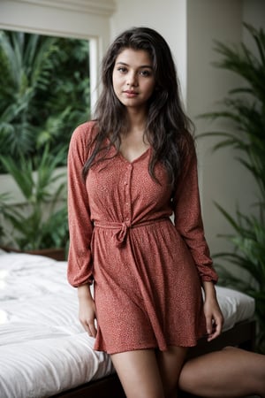 A cinematic 8k  photo of a fair young Indian woman with wavy hair, age of 18, wearing a red polka dot dress. She is looking down at the camera with a soft smile. The dress is a v-neck with long sleeves that are slightly puffed at the shoulders. It is a short dress that hits just above the knee and has a flowy skirt. 
The woman is standing and candid shot
Her eyes are open, and she gives a sexy expression. The overall atmosphere of the image is serene and cinematic, capturing the essence of fashion and beauty. Background  must depict cozy tropical style room with cozy environment  and bright light