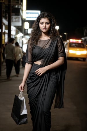 A cinematic  candid photo of a fair young Indian woman with wavy hair, aged 18, shopping in streets  at evening ,she is waring revealing semi transparent black thin stylish modren saree outfit. The overall atmosphere of the image is serene and cinematic, capturing the essence of fashion and beauty. Background  must depict buzy crowded street with road dide vendors selling women articles blurred