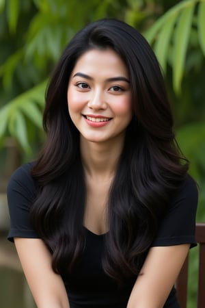 A serene portrait of a 22-year-old india diva girl. She sits confidently, her thin, sharp, and long face framed by the lush greenery of the garden behind her. Her wavy, dense, long, and thick black hair cascades down her back like a waterfall. A gentle light smiling through her light pink lips adds a touch of warmth to her features. She wears a simple yet elegant black t-shirt that complements her radiant skin tone. The soft focus and natural lighting create an extremely realistic portrait that invites the viewer to step into her peaceful world.