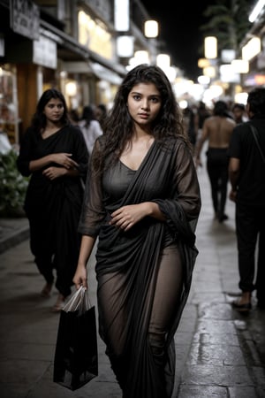 A cinematic  candid photo of a fair young Indian woman with wavy hair, aged 18, shopping in streets  at evening ,she is waring revealing semi transparent black thin stylish modren saree outfit. The overall atmosphere of the image is serene and cinematic, capturing the essence of fashion and beauty. Background  must depict buzy crowded street with road dide vendors selling women articles blurred