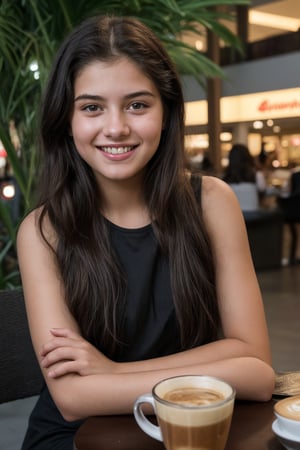 A photorealistic detailed 8k portrait of an 18-year-old girl with captivating beauty with inviting smile, The girl's expression should be one of peace and contentment, showcasing her enjoyment of the moment.girl having coffee in a  tropical style mall, background in mall in night
,SD 1.5

,SD 1.5