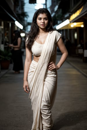 A cinematic photo of a fair young Indian woman with wavy hair, aged 18, shopping in streets  at evening and posing hot for her photo, she is waring revealing modren saree outfit. Her eyes are open, and she gives a sexy expression. The overall atmosphere of the image is serene and cinematic, capturing the essence of fashion and beauty. Background  must depict cozy tropical style cafe blurred