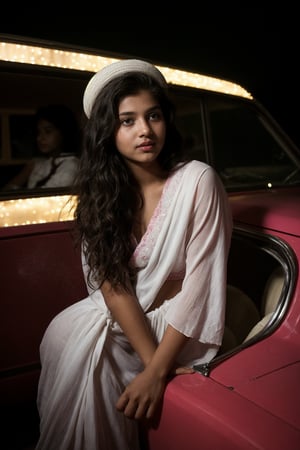 A young indian 18 year old woman with wavy hair a watching out of the window in a old car and old car in white colour warm lights. And she wearing a pink saree but in new design and also wearing a hat and sunglasses for night and she having a flowers in hand ., photo, fashion