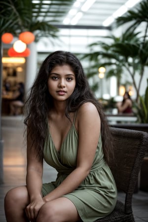 A cinematic photo of a young Indian woman with wavy hair, aged 18, sitting in a tropical-styled  mall at evening and posing hot for her photo. Her eyes are open, and she gives a sexy expression. The overall atmosphere of the image is serene and cinematic, capturing the essence of fashion and beauty. Background  must depict cozy tropical style cafe blurred