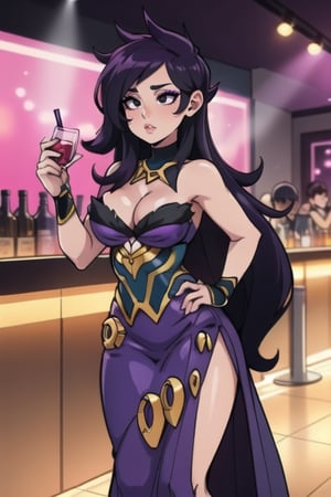 kipteitei,morgana, standing up, drink in one hand, hand on hip, cleavage_cutout, long_dress, purple dress

tall body, mature body, long legs, black eyes

 nightclub  enviroment, at the nightclub bar, closed enviroment, crowded, shocked