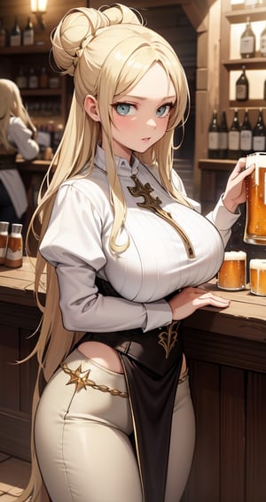 [Beautiful girl in medieval outfit, cheap ripped linen off white shirt and dark brown pants, oil painting, Detailed facial features, blonde long hair, hair in a bun, tavern enviroment, beers in background, bright colours, dramatic lighting, expressive eyes and lips, High Resolution, 4K quality, Photorealistic],mature female, green eyes, girl, eyes green