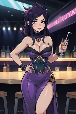 kipteitei,morgana, standing up, drink in one hand, hand on hip, cleavage_cutout, long_dress, purple dress

tall body, mature body, long legs, black eyes



 nightclub  enviroment, at the nightclub bar, closed enviroment, crowded, looking at viewer ,shocked