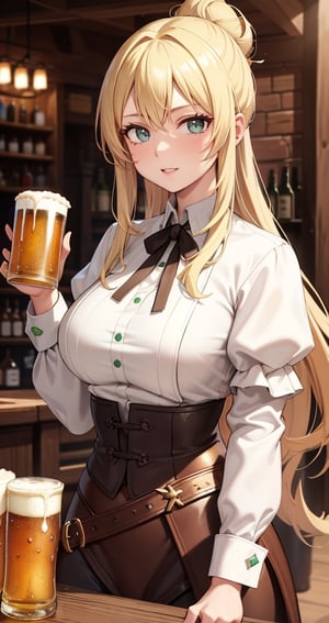 [Beautiful girl in medieval outfit, cheap ripped linen off white shirt and dark brown pants, oil painting, Detailed facial features, blonde long hair, hair in a bun, tavern enviroment, beers in background, bright colours, dramatic lighting, expressive eyes and lips, High Resolution, 4K quality, Photorealistic],mature female, green eyes, girl, eyes green