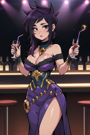 kipteitei,morgana, standing up, drink in one hand, hand on hip, cleavage_cutout, long_dress, purple dress

tall body, mature body, long legs, black eyes

 nightclub  enviroment, at the nightclub bar, closed enviroment, crowded, looking at viewer ,shocked