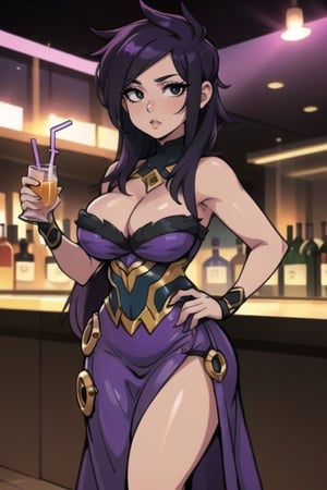 kipteitei,morgana, standing up, drink in one hand, hand on hip, cleavage_cutout, long_dress, purple dress

tall body, mature body, long legs, black eyes



 nightclub  enviroment, at the nightclub bar, closed enviroment, crowded, looking at viewer ,shocked