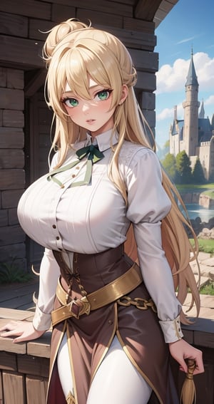 [Beautiful girl in medieval outfit, cheap ripped linen off white shirt and dark brown pants, oil painting, Detailed facial features, blonde long hair, hair in a big messy bun, castle on the background, Sun light, bright colours, dramatic lighting, expressive eyes and lips, High Resolution, 4K quality, Photorealistic],mature female, green eyes,girl