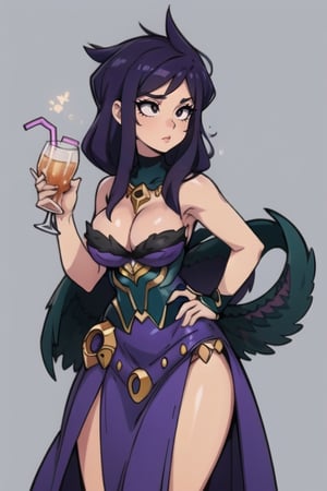 kipteitei,morgana, standing up, drink in one hand, hand on hip, cleavage_cutout, long_dress, purple dress

 disco enviroment, closed enviroment, shocked