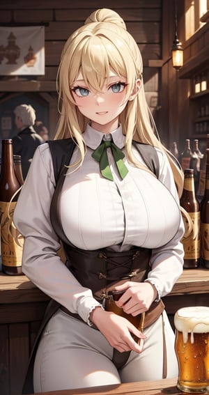 [Beautiful girl in medieval outfit, cheap ripped linen off white shirt and dark brown pants, oil painting, Detailed facial features, blonde long hair, hair in a bun, tavern enviroment, beers in background, bright colours, dramatic lighting, expressive eyes and lips, High Resolution, 4K quality, Photorealistic],mature female, green eyes, girl, eyes green