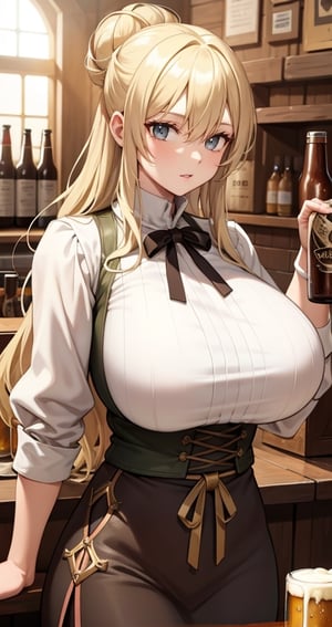 [Beautiful girl in medieval outfit, cheap ripped linen off white shirt and dark brown pants, oil painting, Detailed facial features, blonde long hair, hair in a bun, tavern enviroment, beers in background, bright colours, dramatic lighting, expressive eyes and lips, High Resolution, 4K quality, Photorealistic],mature female, green eyes, girl, eyes green