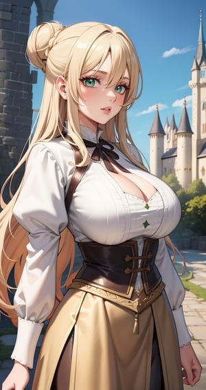 [Beautiful girl in medieval outfit, cheap ripped linen off white shirt and dark brown pants, oil painting, Detailed facial features, blonde long hair, hair in a bun, castle on the background, Sun light, bright colours, dramatic lighting, expressive eyes and lips, High Resolution, 4K quality, Photorealistic],mature female, green eyes,girl