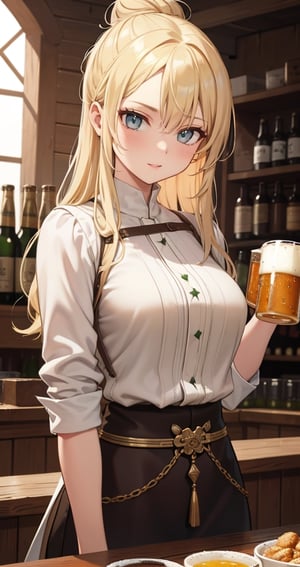 [Beautiful girl in medieval outfit, cheap ripped linen off white shirt and dark brown pants, oil painting, Detailed facial features, blonde long hair, hair in a bun, tavern enviroment, beers in background, bright colours, dramatic lighting, expressive eyes and lips, High Resolution, 4K quality, Photorealistic],mature female, green eyes, girl, eyes green