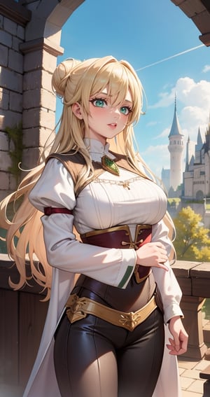 [Beautiful girl in medieval outfit, cheap ripped linen off white shirt and dark brown pants, oil painting, Detailed facial features, blonde long hair, hair in a bun, castle on the background, Sun light, bright colours, dramatic lighting, expressive eyes and lips, High Resolution, 4K quality, Photorealistic],mature female, green eyes,girl