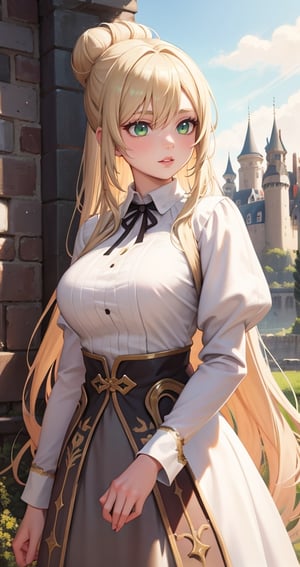 [Beautiful girl in medieval outfit, cheap ripped linen off white shirt and dark brown pants, oil painting, Detailed facial features, blonde long hair, hair in a bun, castle on the background, Sun light, bright colours, dramatic lighting, expressive eyes and lips, High Resolution, 4K quality, Photorealistic],mature female, green eyes,girl