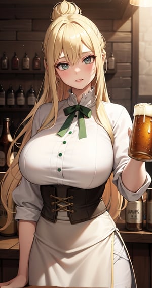 [Beautiful girl in medieval outfit, cheap ripped linen off white shirt and dark brown pants, oil painting, Detailed facial features, blonde long hair, hair in a bun, tavern enviroment, beers in background, bright colours, dramatic lighting, expressive eyes and lips, High Resolution, 4K quality, Photorealistic],mature female, green eyes, girl, eyes green