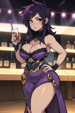 kipteitei,morgana, standing up, drink in one hand, hand on hip, cleavage_cutout, long_dress, purple dress

tall body, mature body, long legs, black eyes

 nightclub  enviroment, at the nightclub bar, closed enviroment, crowded, looking at viewer ,shocked

fat 0.01